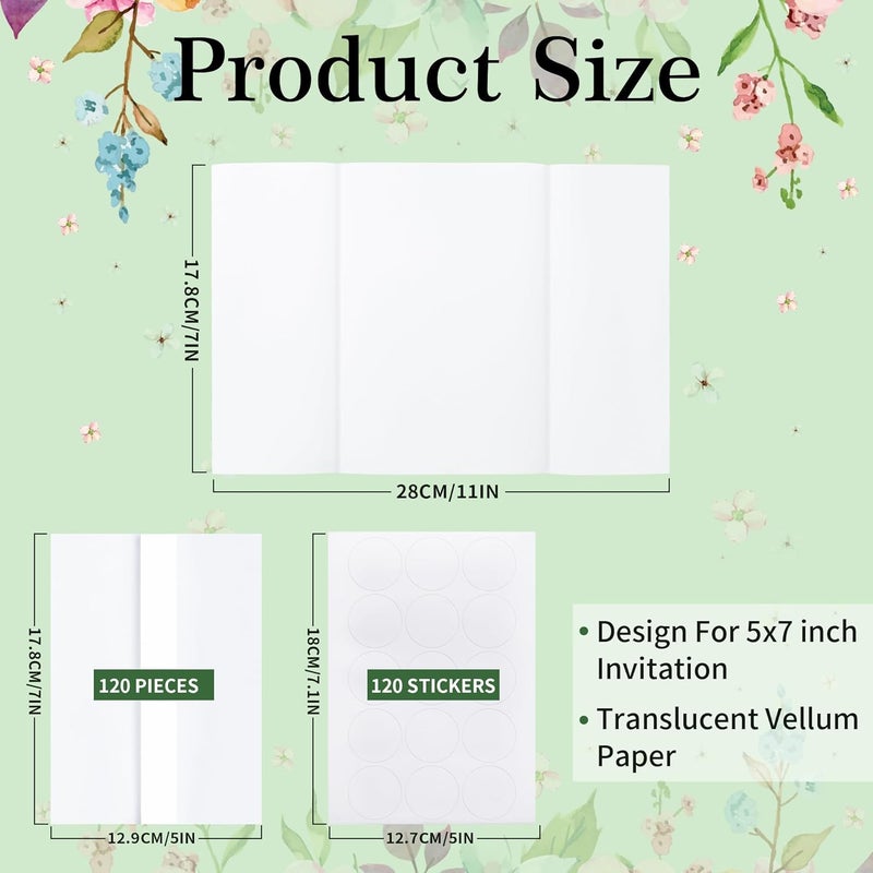 PENPRIS 120 Pcs Pre-Folded Vellum Jackets for 5x7 Invitations - Bulk Transparent Paper Envelope Liners with 120 Sealing Stickers for Wedding Birthdays Baby Showers Invitations PAP10MX3 - Image 2